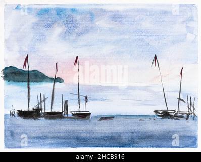 view of sea with fishing boats on sunset hand drawn by watercolors on white textured paper Stock Photo