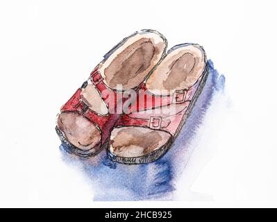 sketch of red leather orthopedic slippers hand drawn by watercolors on white textured paper Stock Photo
