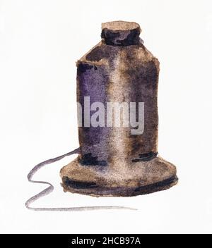 sketch of spool of sewing thread hand drawn by watercolor on white textured paper Stock Photo
