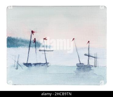 handcrafted miniature with fishing boats in sea on sunset hand drawn by watercolors on white textured paper isolated on white background Stock Photo