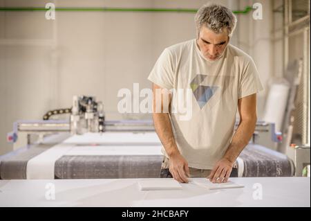 Logistic printing technician worker controls and arranges the printed material on the production line in digital printshop office. Industrial working Stock Photo
