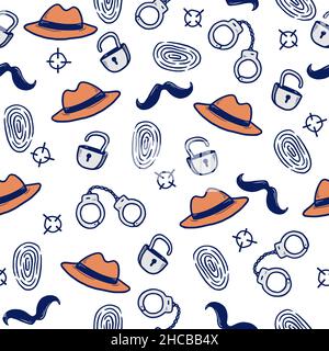 Detective seamless pattern. Hand drawn sketch doodle style crime background. Footprint, fingerprint, magnifier detective investigation pattern. Vector illustration. Stock Vector