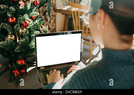 Work at home, video conference, video call for online meetings, virtual meetings, distance learning, online shopping.  Stock Photo