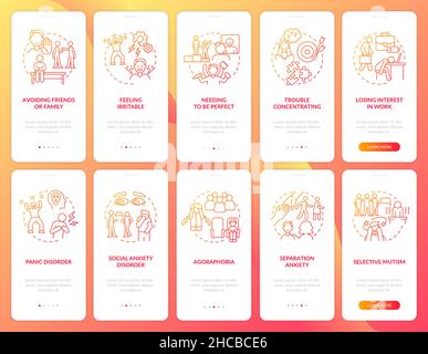 Anxiety disorder red gradient onboarding mobile app screen set Stock Vector