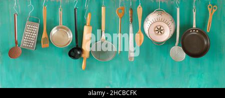 various vintage kitchen utensils, kitchen,cooking,food and drink concept. panoramic, free copy space Stock Photo