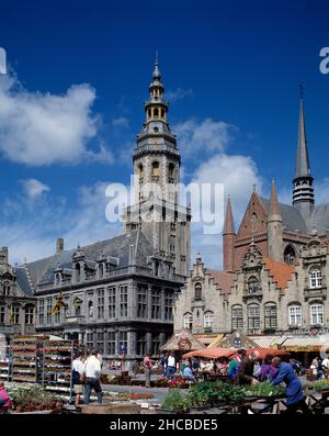 Belgium. West Flanders. Veurne. Market square with historic belfry. Stock Photo