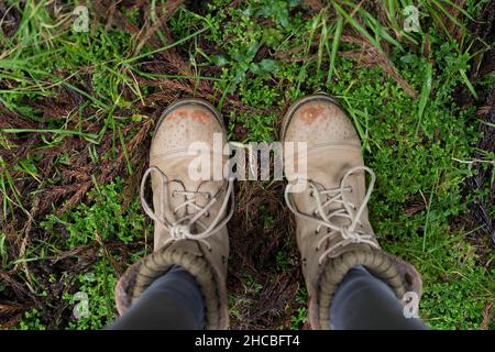 Man wearing hiking boots standing on land Stock Photo