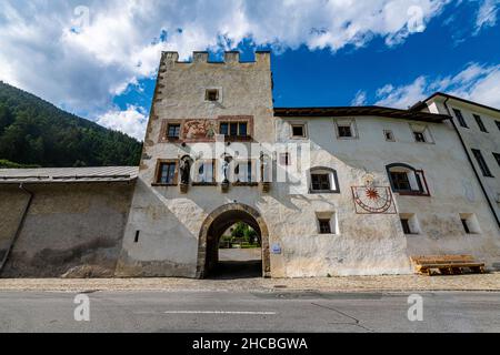 Switzerland, Canton of Grisons, Val Mustair, Entrance of Benedictine Abbey of Saint John Stock Photo