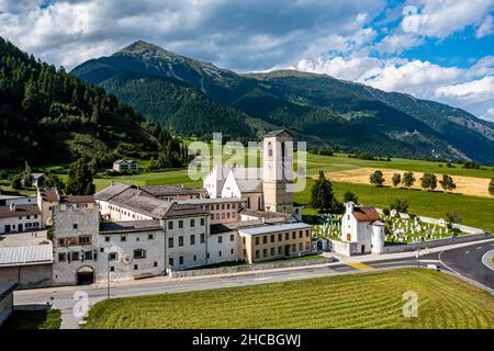 Switzerland, Canton of Grisons, Val Mustair, Aerial view of Benedictine Abbey of Saint John Stock Photo