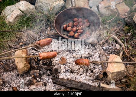 Sausages and chestnuts being cooked on campfire in forest Stock Photo