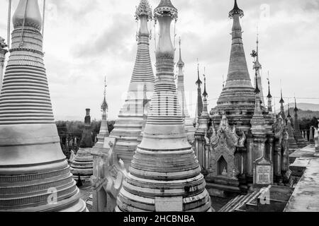 Ruins and remains of ancient Buddhist pagodas and stupas at Indein Village at Inle Lake Myamar Stock Photo