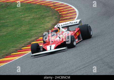 Scarperia, 21 October 2005: Unknown run with Historic Ferrari F1 312T2 year 1976 ex Niki Lauda during World Finals Ferrari 2005 at Mugello Circuit in Stock Photo