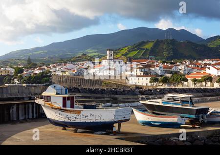 Portugal, Azores, Vila Franca do Campo, Boats in harbor of town on southern edge of Sao Miguel Island Stock Photo