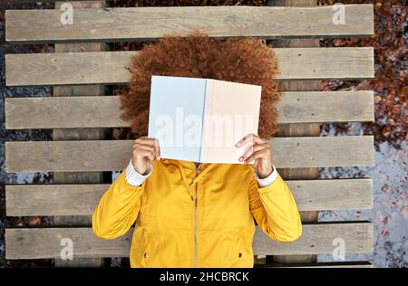 Woman covering face with book lying on bridge in autumn forest Stock Photo