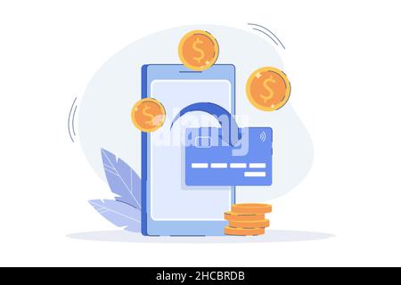 Flat receiving cashback bonus from paying online. Coins transfer from smartphone to e-wallet or banking credit card. Money reward program from purchase. Cash refund, financial savings concept. Stock Vector