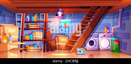Cartoon interior of basement with wooden ladder. Home cellar in cottage with laundry room. Storehouse with washing and dryer machines, shelves with carton boxes, detergents and basket with dirty linen Stock Vector