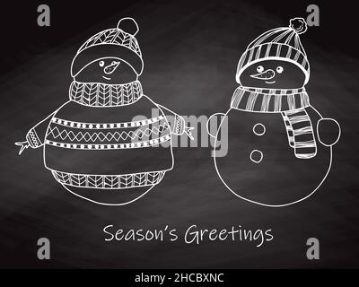Two cute snowmen in warm clothes. Sketch snowmen isolated on a background. Stock Vector