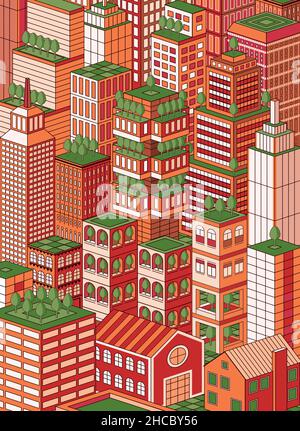 Vector isometric illustration of a green thinking town, each building are a grouped item Stock Vector