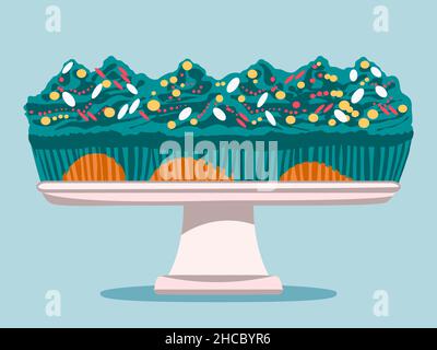 Cartoon birthday cake with colorful shavings and cream decoration in plate. Hand drawn cake isolated on white background, vector illustration. Kitchen Stock Vector
