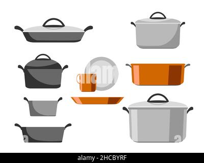 Cartoon stainless and non-stick cookware set, pots, pans, saucepans and utensils tools cooking isolated on white background, vector illustration. Kitc Stock Vector