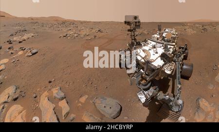 MARS - 10 September 2021 - NASA's Perseverance Mars rover took this selfie over a rock nicknamed 'Rochette,' on September 10, 2021, the 198th Martian Stock Photo
