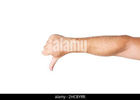 Man arm with thumb down on white background. Concept of I don't like Stock Photo