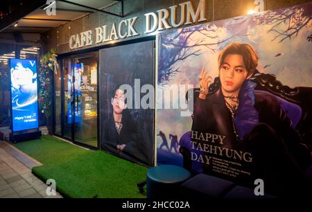 BTS member V, Dec 21, 2021 : Signboards of a cafe decorated to celebrate BTS member V's birthday in Seoul, South Korea. BTS member V will turn 26 on December 30, 2021. Credit: Lee Jae-Won/AFLO/Alamy Live News Stock Photo