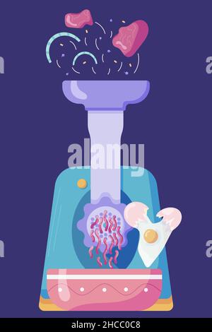 Meat grinder with minced meat for cooking cutlets, the concept of cooking a culinary recipe from onions, meat, eggs and seasonings, meat grinder with Stock Vector