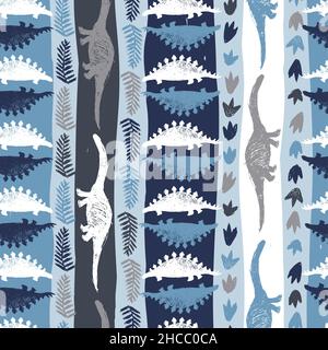Vector blue dinosaur vertical stripes arrangement sketch repeat pattern. Perfect for textile, giftwrap and wallpaper. Stock Vector