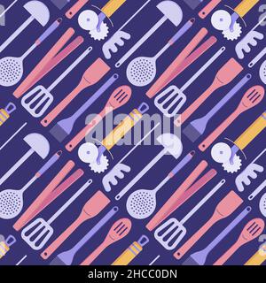 Seamless pattern with kitchen appliances for cooking, ladles, spatulas, spoons and tongs on a purple background. Vector illustration Stock Vector