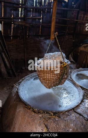 Salt pans at Nan Thailand, mountains of Sapan valley in Thailand with ...