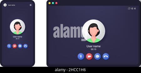 Screen zoom video call with user avatar on multiple devices. Vector flat illustration. Stock Vector