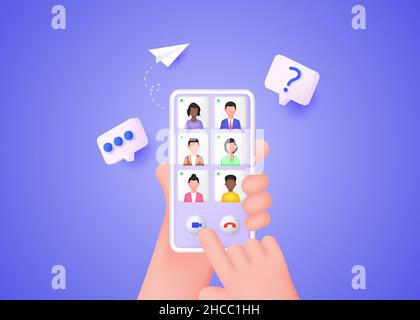 Online meeting. People communicate with each other through a video calling application on a smartphone. Vector 3d illustration. Stock Vector