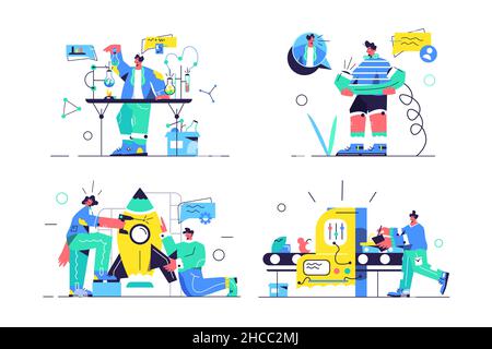 Create formula, telephone call, build rocket, control manufacturing set Stock Vector