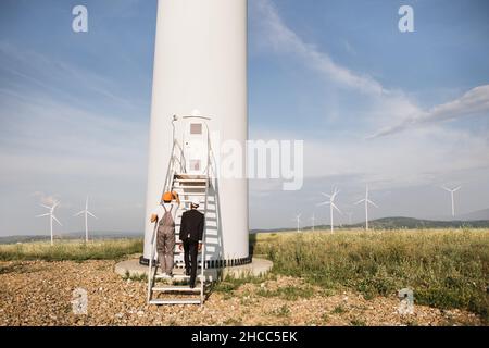 African american inspector in black suit and white helmet talking with indian technician in uniform while doing examining of windmill farm. Concept of people, inspection and clean energy. Stock Photo