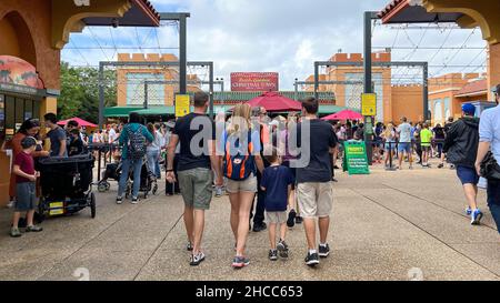 Tampa, FL USA - November 11, 2021:  The lines of people at the entrance to Busch Gardens in Tampa, Florida. Stock Photo