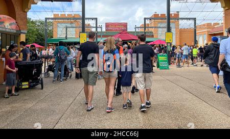 Tampa, FL USA - November 11, 2021:  The lines of people at the entrance to Busch Gardens in Tampa, Florida. Stock Photo