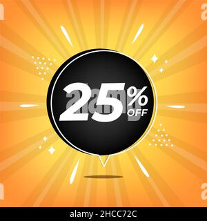 25% off. Yellow banner with twenty-five percent discount on a black balloon for mega big sales. Stock Vector
