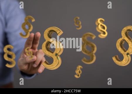 Closeup of the hand touching the floating justice and law icons. The section signs. Stock Photo