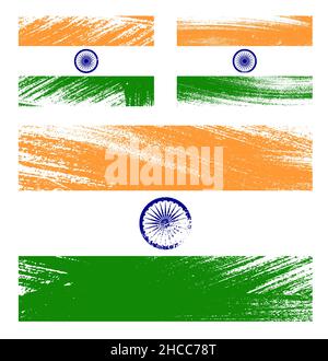 set of Republic of India flag chalk scratch paint grunge textures on white background. Texture of old poster back with India flag. Vector Stock Vector