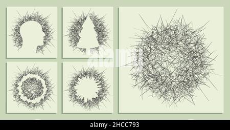 abstract round backgrounds of small hand drawn chaotic prickly lines. Random children doodles of scribbles. Isolated vector Stock Vector