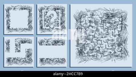 abstract square backgrounds of small hand drawn chaotic loop lines. Random children doodles of scribbles. Isolated vector Stock Vector