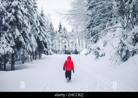Silhouette shot of a man walking alone on snowy road in the forest during winter. Stock Photo