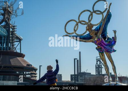A statue with the Olympic Rings titled "Dating With the Winter Olympics" in Beijing, China. 26-Dec-2021 Stock Photo
