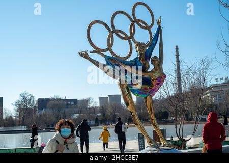 A statue with the Olympic Rings titled "Dating With the Winter Olympics" in Beijing, China. 26-Dec-2021 Stock Photo
