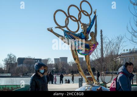 A statue with the Olympic Rings titled "Dating With the Winter Olympics" in Beijing, China. 26-Dec-2021 Stock Photo