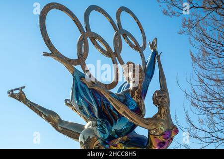 A statue with the Olympic Rings titled "Dating With the Winter Olympics" in Beijing, China. 26-Dec-2021 Stock Photo
