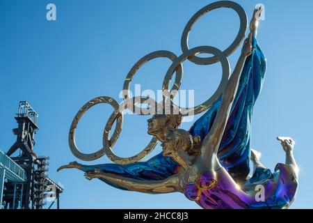 A statue with the Olympic Rings titled "Dating With the Winter Olympics" in Beijing, China. 26-Dec-2021 Stock Photo