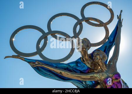 A statue with the Olympic Rings titled "Dating With the Winter Olympics" in Beijing, China. 26-Dec-2021 Stock Photo