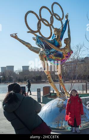 A statue with the Olympic Rings titled "Dating With the Winter Olympics" in Beijing, China. 26-Dec-2021 Stock Photo
